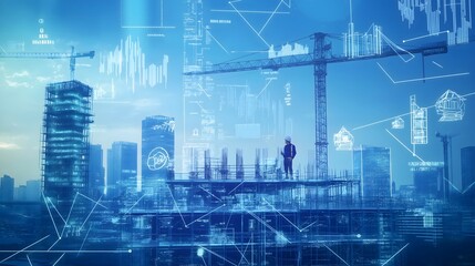 Construction worker on building site with digital overlay showing data and city skyline.