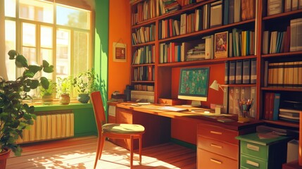 Fototapeta premium A cozy home office featuring a wooden desk, vibrant green and orange walls, and a bright window filled with plants.