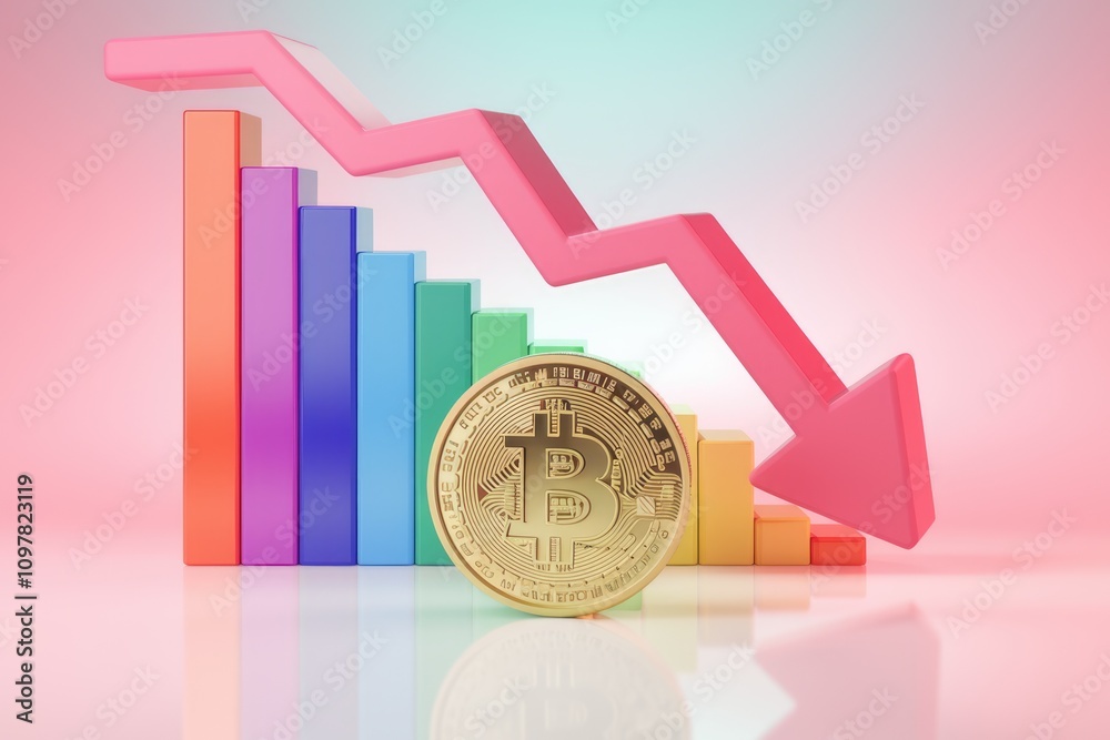 Poster Bitcoin price decline shown on a colorful bar graph with a downward trending arrow