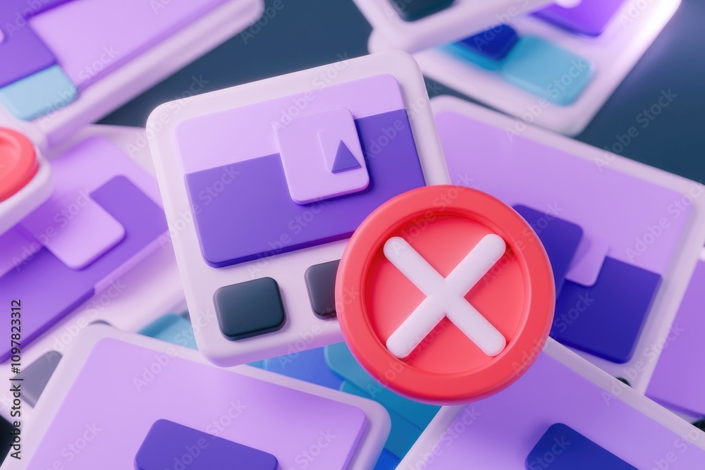 Poster Abstract 3D render of pastel colored UI elements with a prominent red X mark