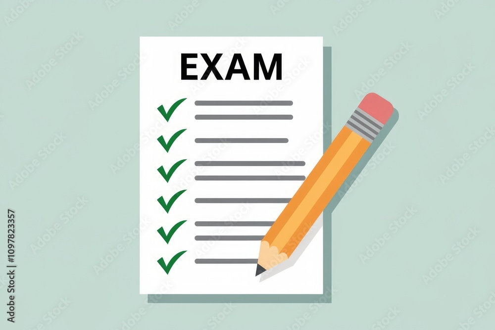 Poster Exam checklist with completed tasks marked by green checkmarks and a pencil