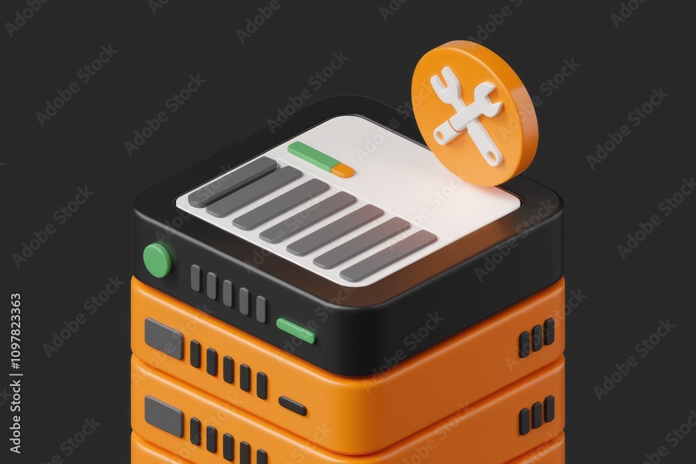 Poster 3D render of a server stack with a wrench icon  symbolizing server maintenance or repair