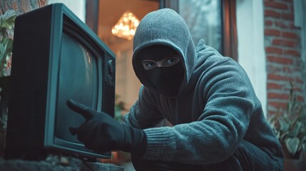 Masked male figure in a hoodie tampering with an old television set, creating a tense atmosphere.
