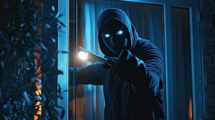 Fototapeta premium A shadowy figure in a dark hoodie, with glowing eyes, holds a flashlight threateningly at the door.