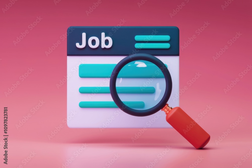 Poster 3d rendering of a job search concept; a magnifying glass over a job listing
