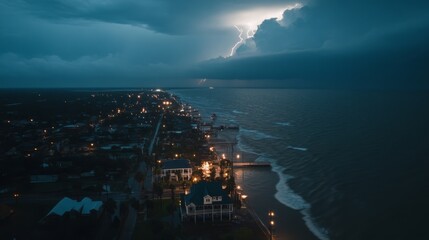 Fototapeta premium Dramatic Coastal Scene at Night with Thunderstorm and Lightning Illuminating the Ocean and Shoreline in a Quiet Town with Flickering Lights