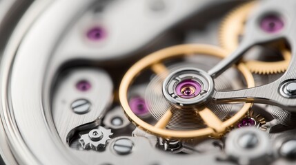 A close-up of a mechanical watch movement, showcasing intricate gears, jewels, and precise craftsmanship in a metallic structure.