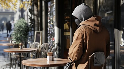 A solitary figure, cloaked in a brown coat and gray hood, sits at a caf&eacute; table, enjoying the autumn ambiance.