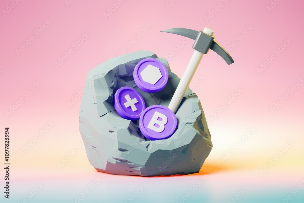 Poster cryptocurrency mining depicted with a pickaxe extracting purple tokens from a rock