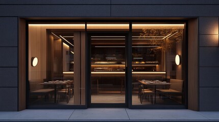 A modern restaurant window mockup with a sleek door, featuring elegant furniture and an open, inviting entrance