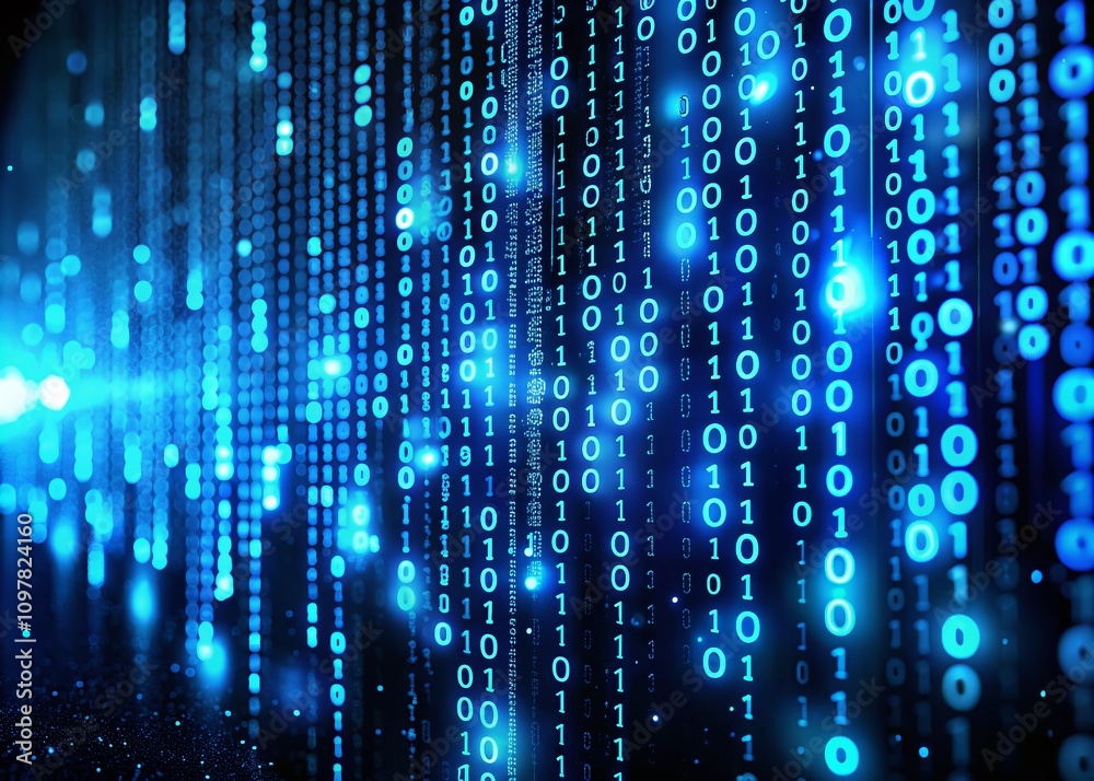 Poster closeup of glowing blue binary code representing data and cybersecurity in a digital landscape for i