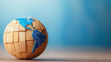 business strategy operations global Concept.A wooden globe model with blue continents on a soft-focus background, symbolizing geography, travel, and global awareness.
