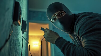 A male masked intruder engages in suspicious activity near an electrical outlet, conveying tension and suspense.