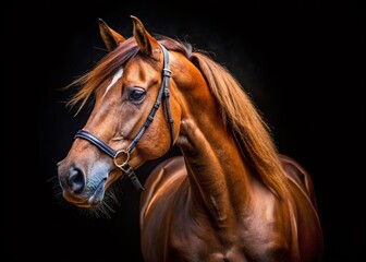 Fototapeta premium Closeup Portrait of a Majestic Horse Against a Black Background with Impressive Details and Textural Contrast, Perfect for Animal Lovers and Equestrian Enthusiasts Alike