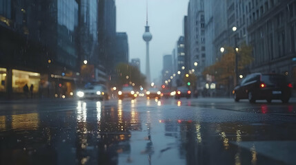 Naklejka premium Rainy City Street with Tower in Background - Realistic Photo