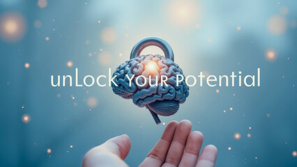 Symbolic brain padlock floating above open hand in blue light, representing potential and opportunity, inspirational concept