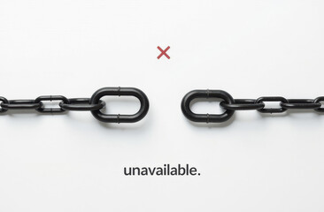 Broken chain with disconnected links and red cross on white background symbolizing failure and separation concept