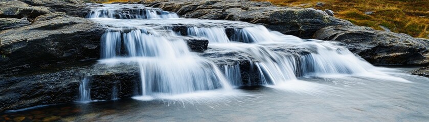 Fototapeta premium Serene Waterfall Cascading over Ancient Rocks. Nature's masterpiece in motion