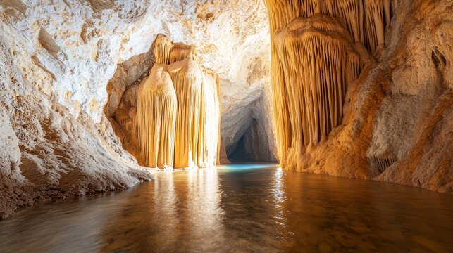 Towering mineral columns reflect in still, subterranean waters. A mystical scene