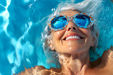 Naklejka premium Fröhliche reife Frau mit bunter Sonnenbrille entspannt im Pool