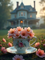 cup of flowers in a mystery house