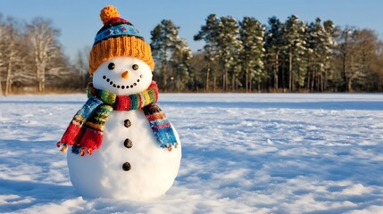 Obraz premium A jolly snowman adorned with a woolen hat and vibrant scarf, set in a picturesque snowy field with sparkling frost and distant pine trees, capturing a cozy winter holiday vibe