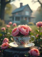 cup of flowers in a mystery house