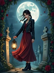 girl in a dress with a lantern in a graveyard