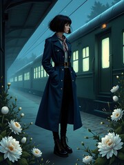 woman in a dress in a spooky train station with a train