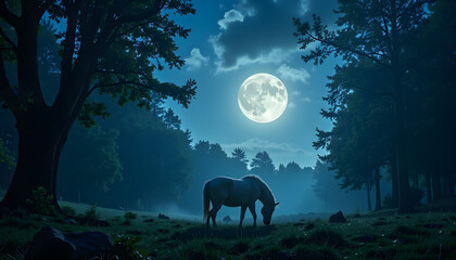Moonlit Landscape with Horse in Misty Forest Environment