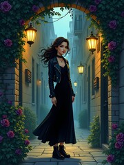 woman in a dress in a spooky street