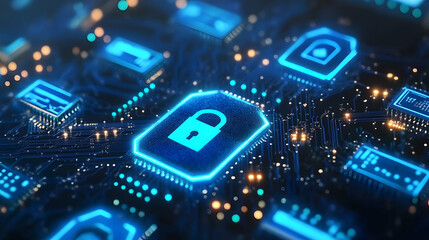 Obraz premium A glowing blue lock icon embedded in a circuit board, representing cybersecurity and secure digital infrastructure
