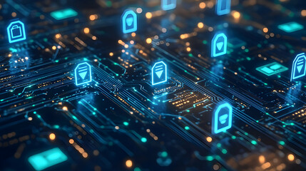 Obraz premium A digital network of glowing blue locks placed on a circuit board, symbolizing secure data and cybersecurity.