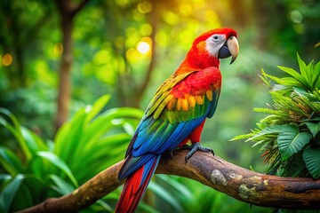 Obraz premium Colorful Parrot Perched on a Branch Amidst Lush Greenery with High Depth of Field for Stunning Nature Photography and Wildlife Enthusiasts