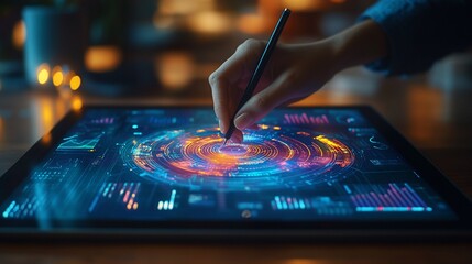 Fototapeta premium Hand using stylus on tablet, drawing futuristic data visualization.