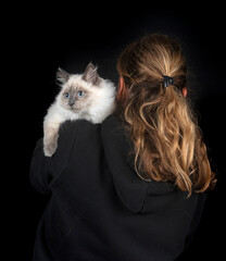 siberian cat and woman in studio