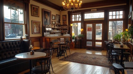 Fototapeta premium Cozy cafe interior with vintage decor, hardwood floors, and ample seating.