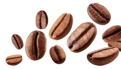 Floating coffee beans isolated on a transparent background in PNG format