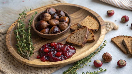 Fototapeta premium A rustic platter featuring roasted chestnuts, slices of artisan bread, and a vibrant cranberry sauce, surrounded by fresh thyme and autumnal elements for a cozy seasonal treat.