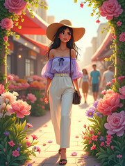 girl walking on a street with flowers