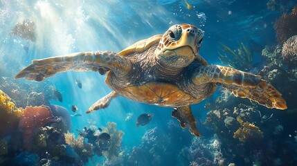 Obraz premium Sea turtle swimming in vibrant coral reef.