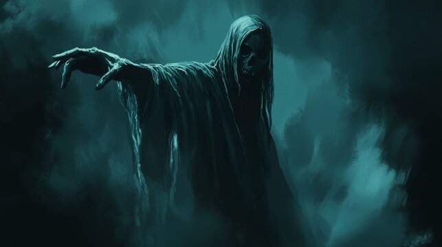 A dark, eerie image featuring a skeletal figure cloaked in tattered robes, reaching forward ominously. The scene evokes mystery and fear, with an ominous, shadowy background.. AI Generation