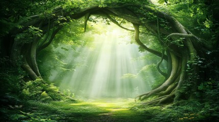 Obraz premium Serene Forest Pathway Bathed in Sunlight with Lush Greenery and Magical Atmosphere Surrounded by Towering Trees and Soft, Misty Light