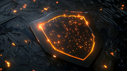 A glowing amber digital shield with fine particle effects, symbolizing advanced security systems.