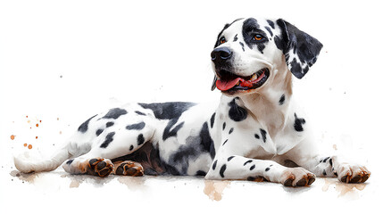 A watercolor Dalmatian lying with its tongue slightly out, looking joyful and relaxed, painted delicately on white