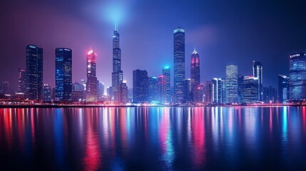 Fototapeta premium Stunning Nighttime Cityscape with Skyscrapers and Reflections on Water Under Colorful Lights in Urban Landscape