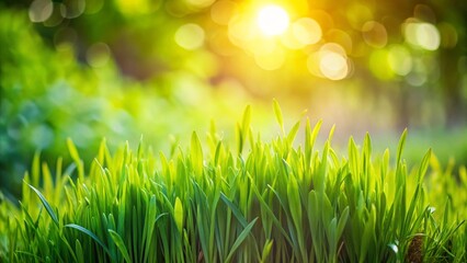 closeup of green grass with blurred garden background
