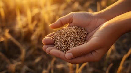 A close-up of a child's hands holding golden grains against a warm sunset backdrop.