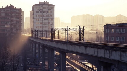 Fototapeta premium Urban Sunrise Over Elevated Train Tracks in a Cityscape, Highlighting Architectural Elements and Morning Skies, Perfect for Transport and City Life Themes