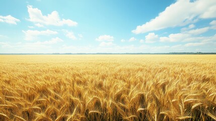 Fototapeta premium A vast golden wheat field under a bright blue sky with fluffy clouds creates a serene landscape.